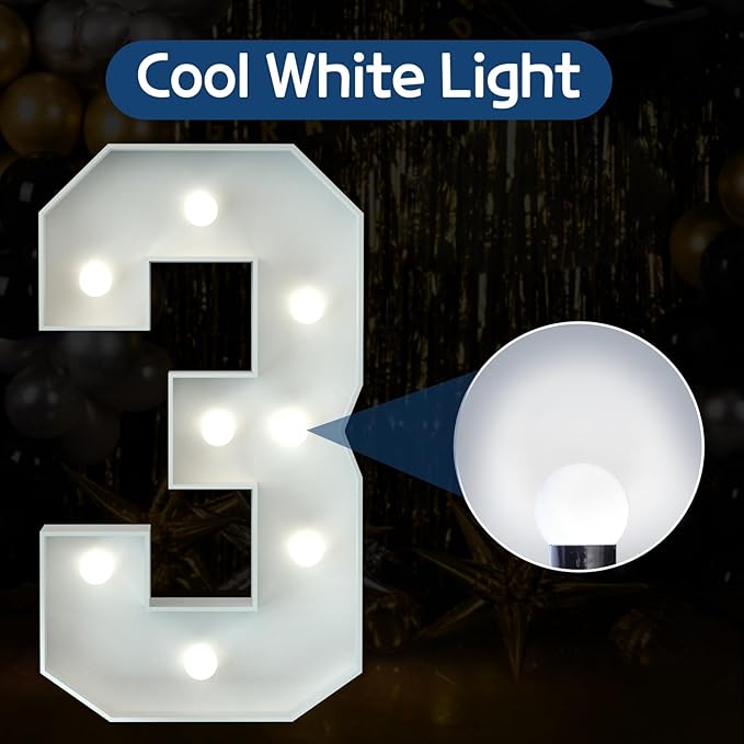 Marquee Numbers 3 Feet Tall Big Light Up Numbers 3rd 13th 30th Happy Birthday Decorations Girl Boy White Anniversary Party Decor Large Cardboard Prop Backdrop Sign 3
