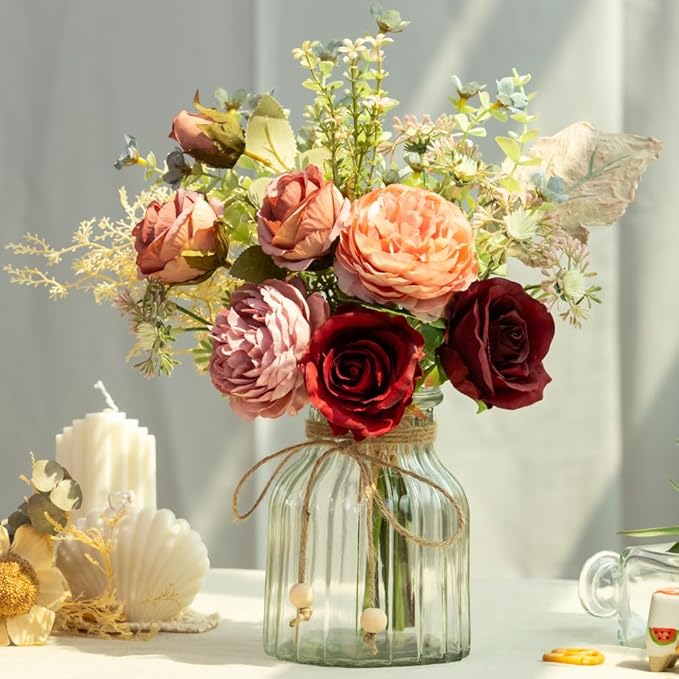 LESING Fake Artificial Flowers with Vase Faux Silk Flower Bouquet in Glass Vase Rose Floral Arrangements Flower for Home Office Decoration, Dining Table Centerpiece (Red)
