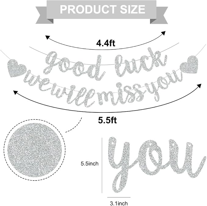 BEISHIDA Silver Good Luck We Will Miss You Banner Party Decor No DIY | Glitter - Image 3