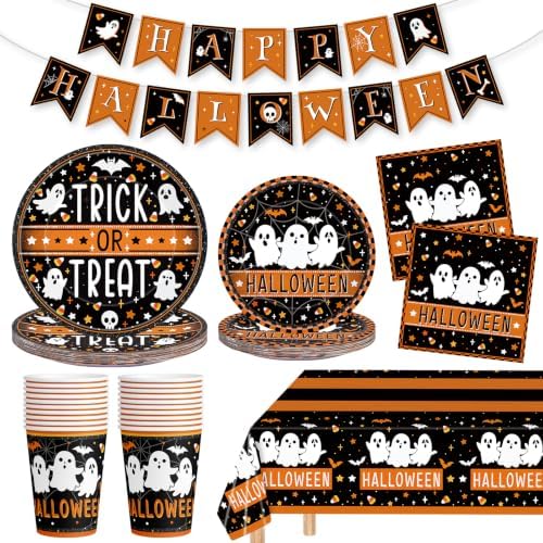 82 Pcs Halloween Plates and Napkins - Disposable Halloween Ghost Paper Plates Napkins Cups Tablecloth Banner Tableware Set for Halloween Party Decorations Supplies, Serve20 by Litmitfu