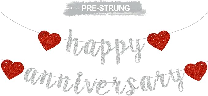 BEISHIDA Glitter Pre-Strung Silver Happy Anniversary Banner Decoration | NO DIY by Beishida