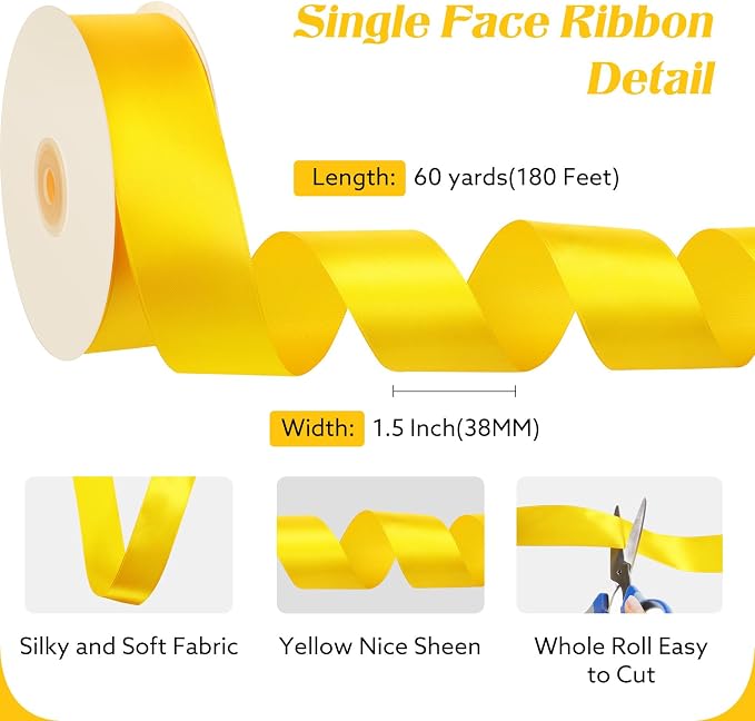 woric Yellow Satin Ribbon 1 1/2 Inch 60 Yards Fall Wreath Decor Ribbon | Smooth - Image 2