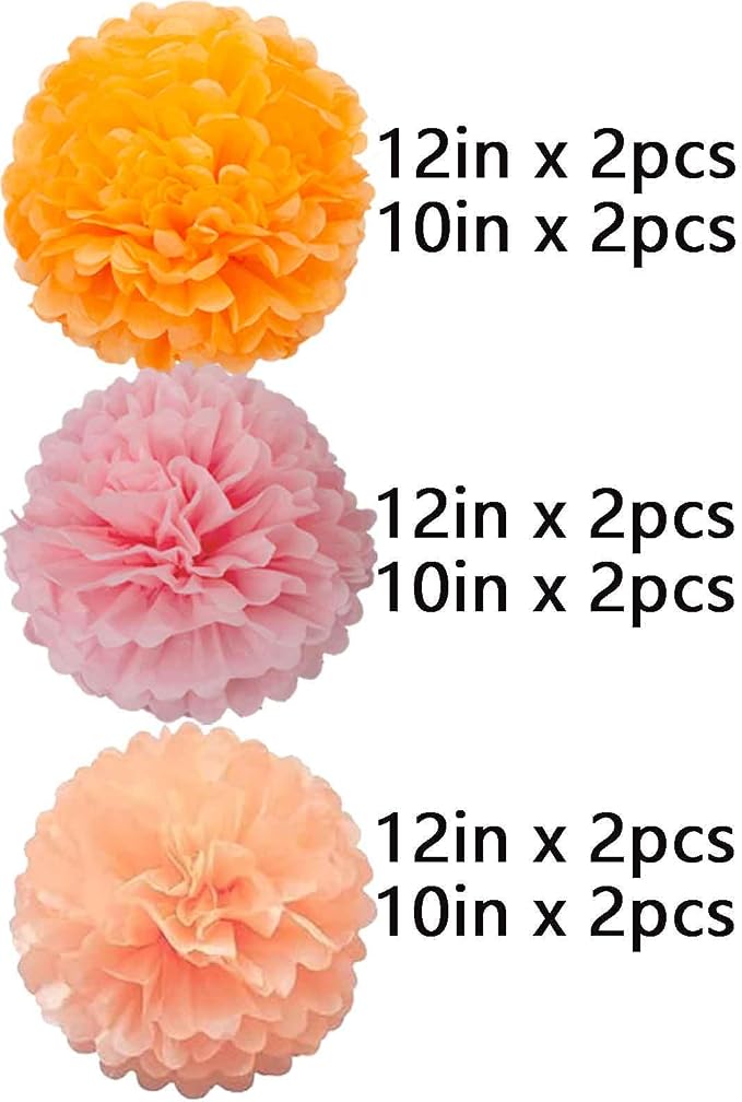 We Moment Orange Pink and Peach Paper Flowers Pom Poms Decorations - Image 2