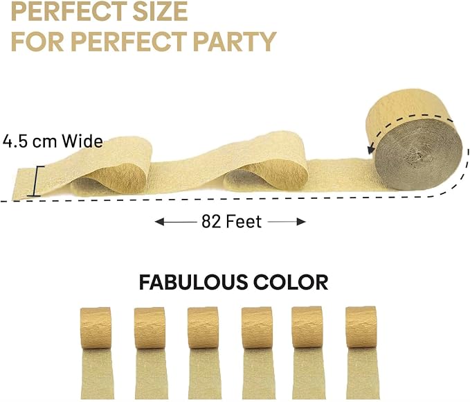 6 Gold Streamers, 492ft Pack of Crepe Paper Party Decorations | Each roll is 82 - Image 3