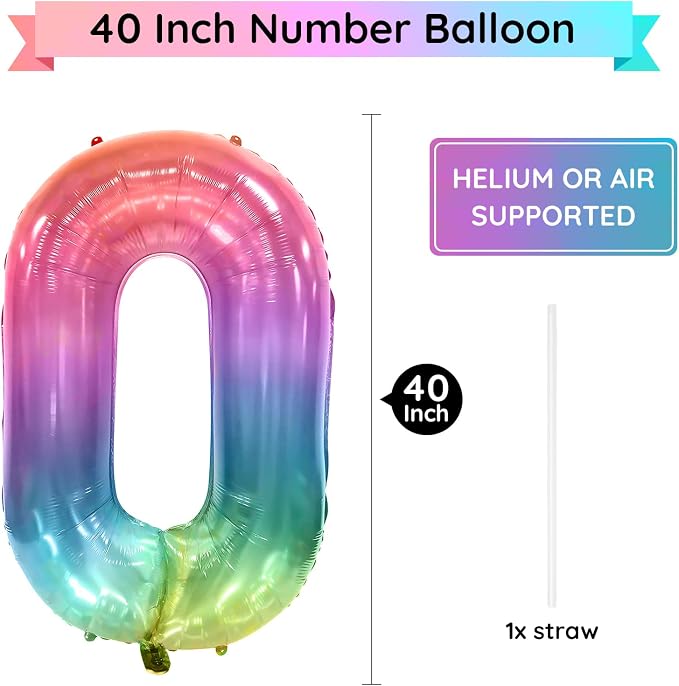 40 Inch Rainbow Number Balloon 0, Large Number Foil Mylar Balloons - Image 2