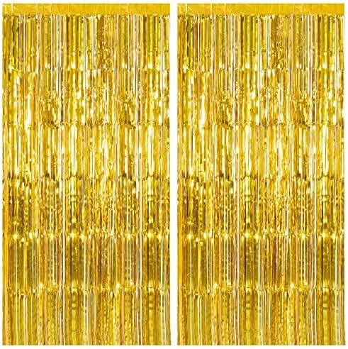 2 Pack Gold Fringe Curtain Backdrop Tinsel Streamers Birthday Party Decorations by BOMSI