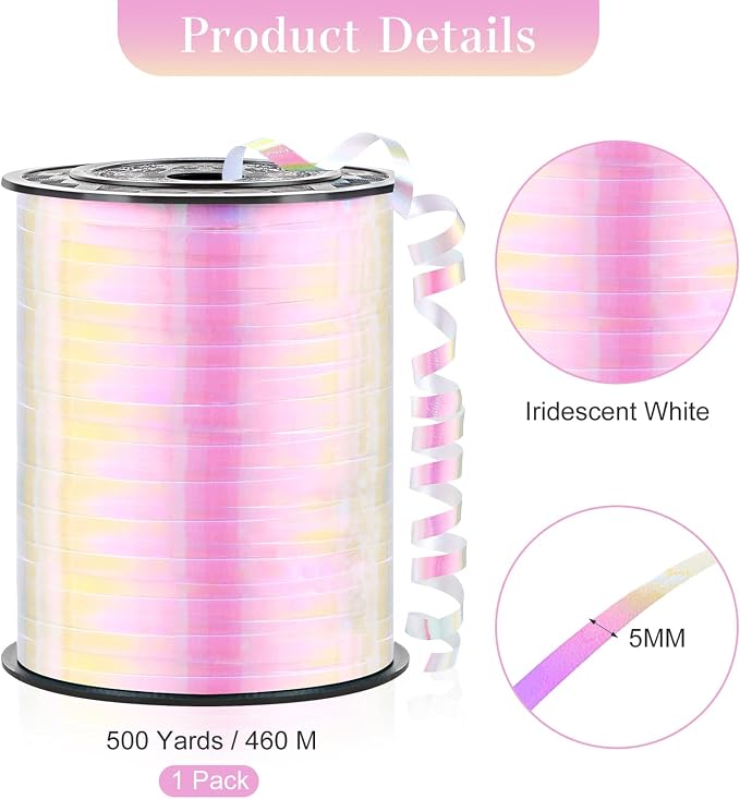 White Curling Ribbon, 500 Yards, 1/5 Inch | Iridescent, - Image 2