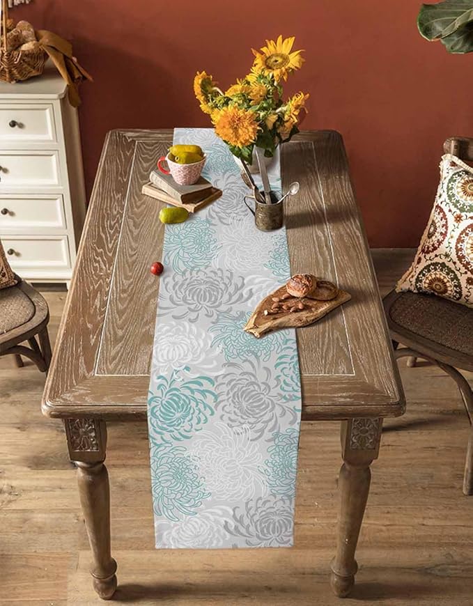 Auqa Chrysanthemum Cotton Linen Table Runner for Dining Kitchen, Wedding Outdoor Party Tablerunners Decoration, Farmhouse Floral Botanical Leaves Dresser Scarf Coffee Tablecloth Runners 13x90 Inches