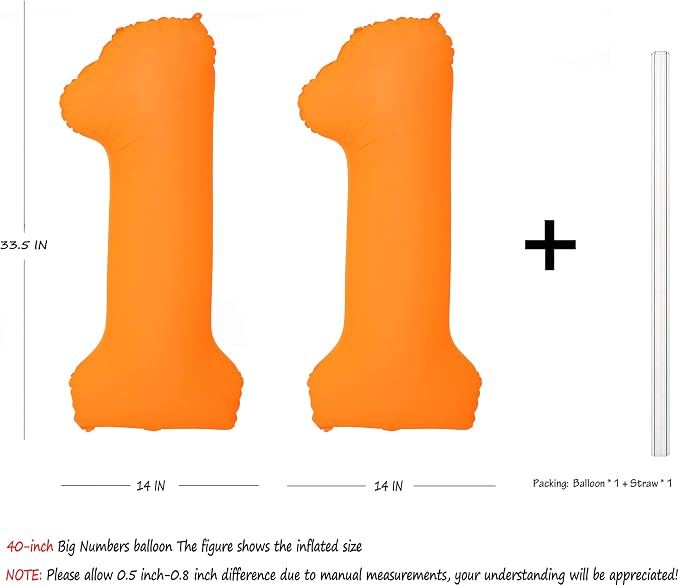Orange Birthday Number 11 Balloon 40IN Fluorescent Orange 11 Balloon | - Image 2