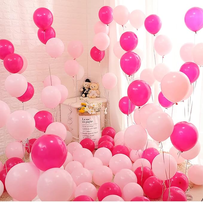 100pcs Light and Hot Pink Balloons 12 Inch w/Ribbon - Image 3