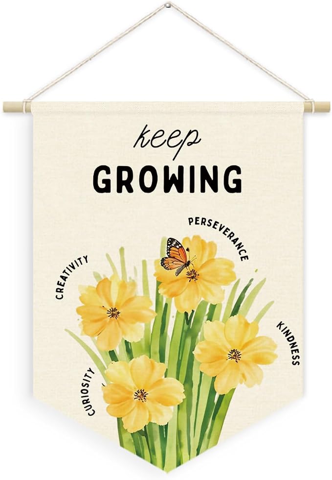 Plant Flower Classroom Decor, Keep Growing Motivational Linen Canvas Banner by Unknown