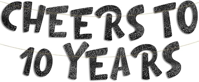 Pre-Strung Cheers to 10 Years Black Glitter Banner by SterlingJamesCo
