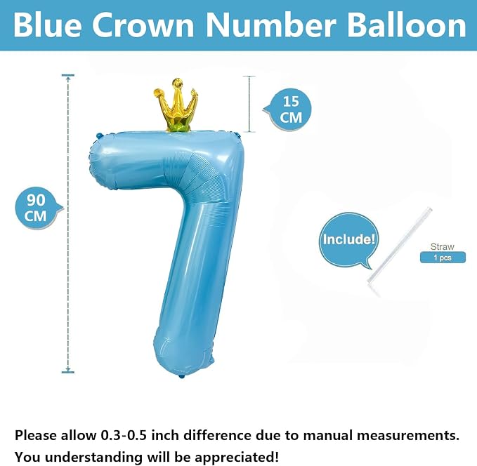 Blue Number 7 Balloon with Crown, 40 inch Blue Number Balloon 7th Birthday - Image 2