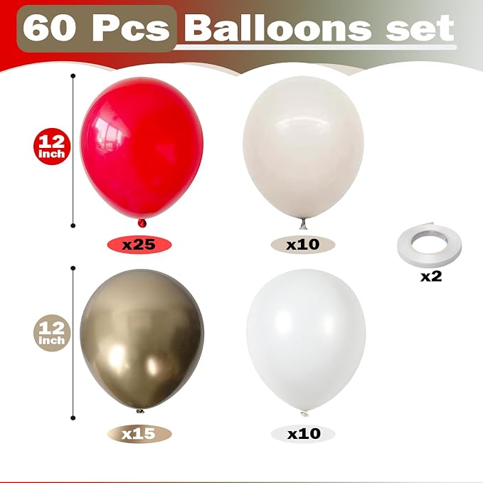 Red White Gold Balloon, 60 Pack 12 Inch Red Gold Balloon - Image 2