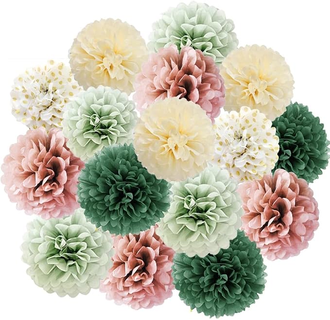 16pcs Dusty Rose Olive Sage Green Tissue Paper Pom Poms Flowers Sage Green by FETETIJD