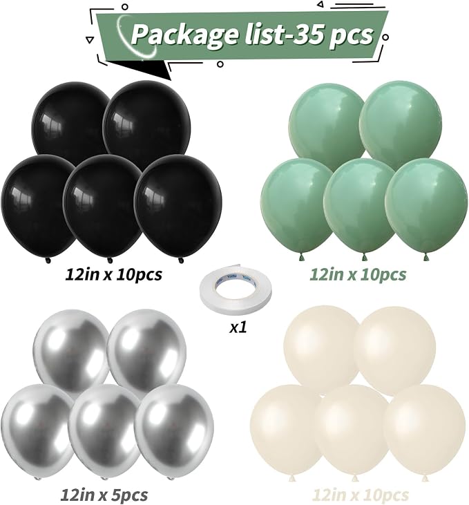 Green and Black Balloons, Graduation Balloon Metallic Silver Green Sand White - Image 2