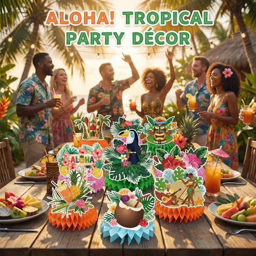 Luau Party Decorations - 9 PCS Hawaiian Honeycomb Table Centerpiece for Tiki and Love Island Hawaiian Theme Party Favors Supplies | Tropical Party Decorations for Summer Beach Pool Birthday Wedding - Image 5