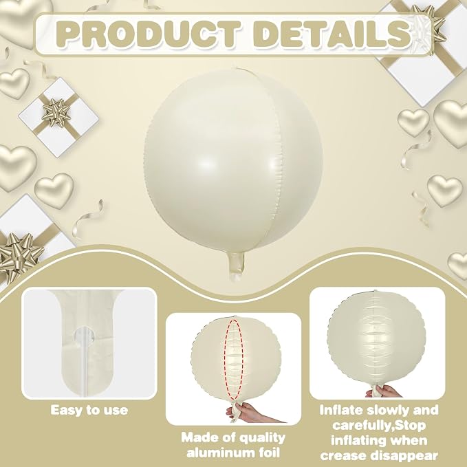 Sand White Brown Round Foil Balloons 6Pcs, Giant 4D Round Ball Balloons - Image 6