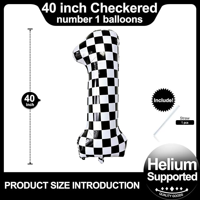 Checkered Number 1 Balloons 40 Inch Giant Race Car Checkered 1 Balloons - Image 2