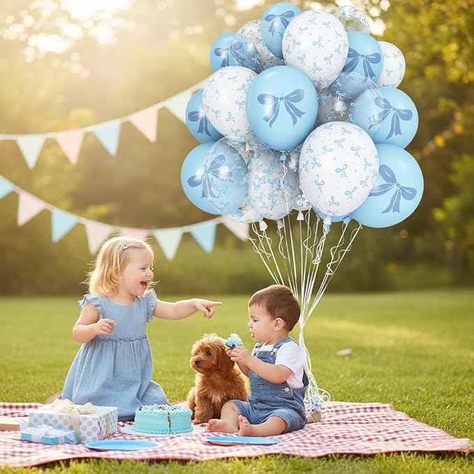 Blue and White Balloons Set, 12 Inch Light Baby Blue White Clear Bow Latex - Image 5