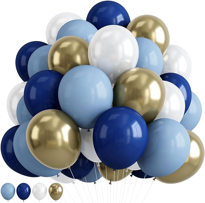 Retro Navy Blue Gold and White Balloons, 12inch Pastel Dark Light Blue White by Paeyeq