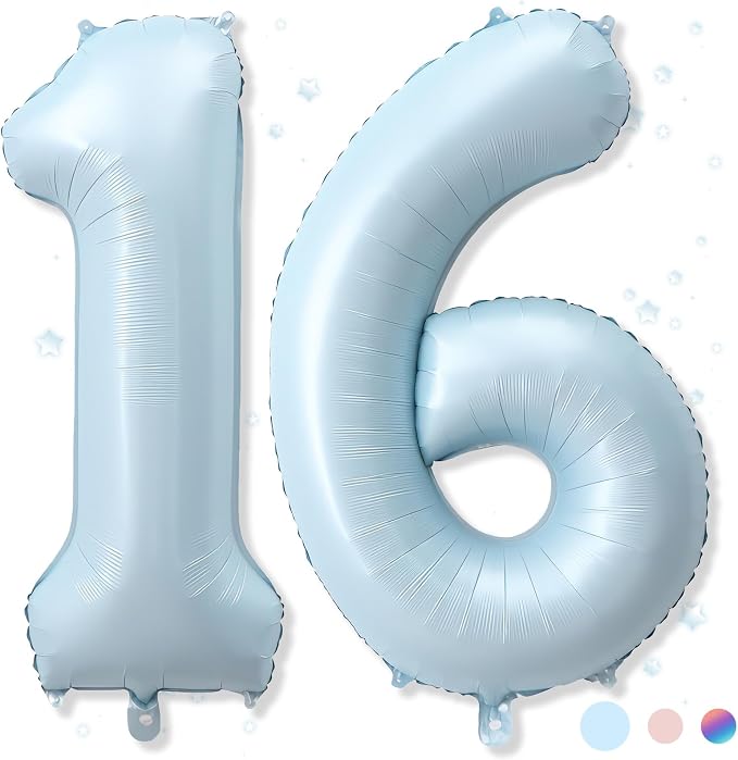 Big Number 16 Balloons, Light Matte Blue Foil 16 Balloon Numbers 40 Inch by Froova