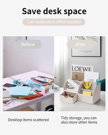 Vlando Office Desk Organizer Leather Desktop Organizer Caddy with Drawer for Storing Desktop Supplies and Accessories (White)