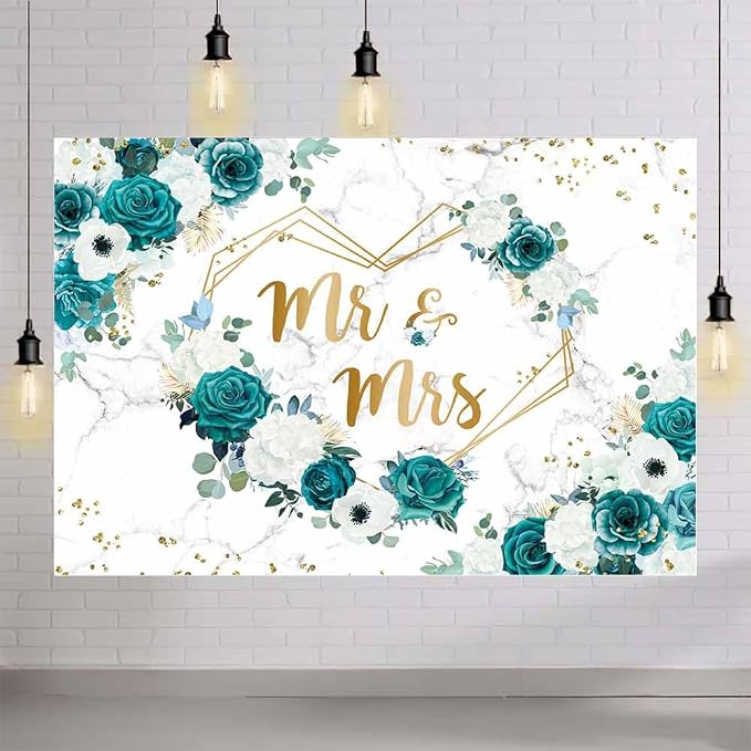 AIBIIN 8x6ft Green Mr and Mrs Floral Backdrop Teal Wedding Photography - Image 4