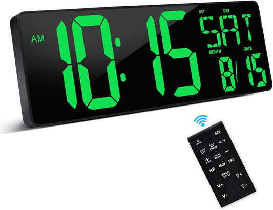 XREXS Large Digital Wall Clock with Remote Control, 16.5 Inch LED Display, Count Up & Down Timer, Adjustable Brightness, Plug-in Alarm Clock with Day/Date/Temperature for Home, Gym, Classroom
