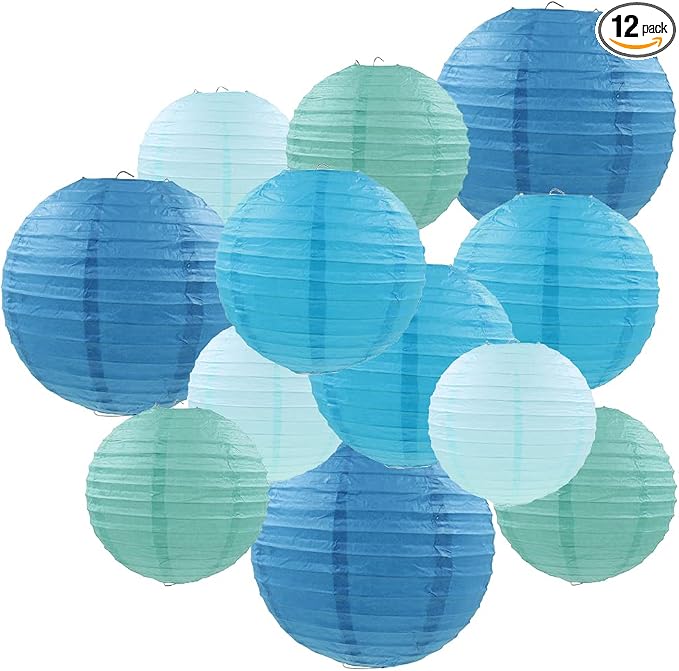 Blue Paper Lanterns 12 Pcs Assorted size of 6" 8" 10" 12" Chinese Round Paper by Famolay