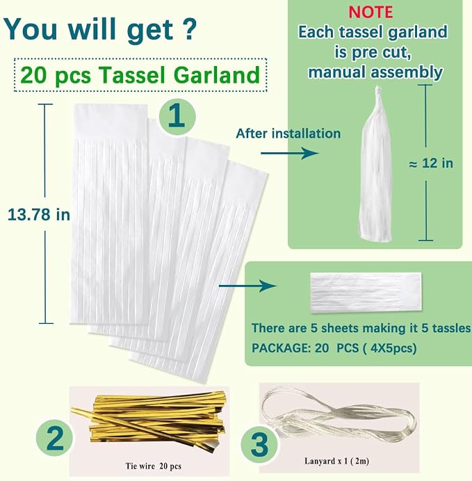 White Tassel Garland 20 Pcs, Tissue Paper Tassels Garland Banner - Image 2