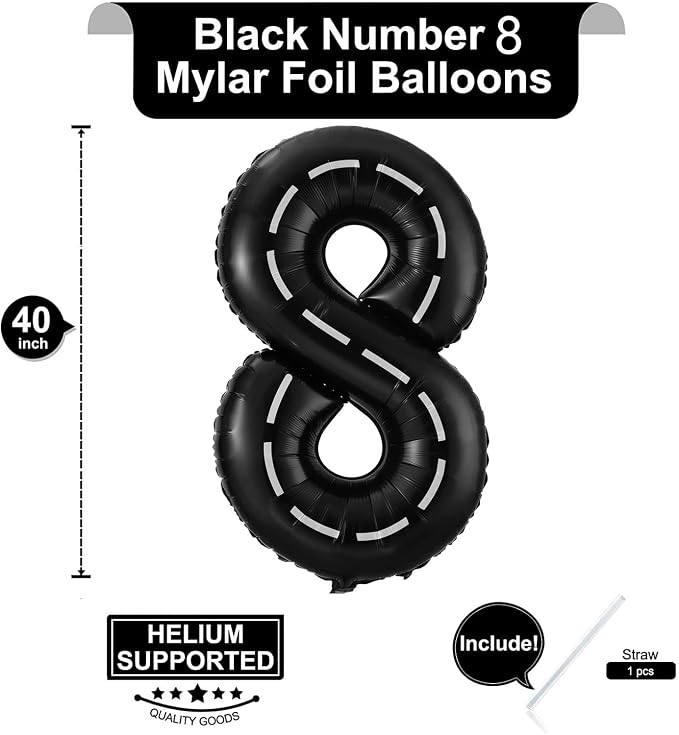 Race Car Number 8 Balloons, 40 Inch Birthday Balloons Two Fast Black 8 Balloon - Image 2