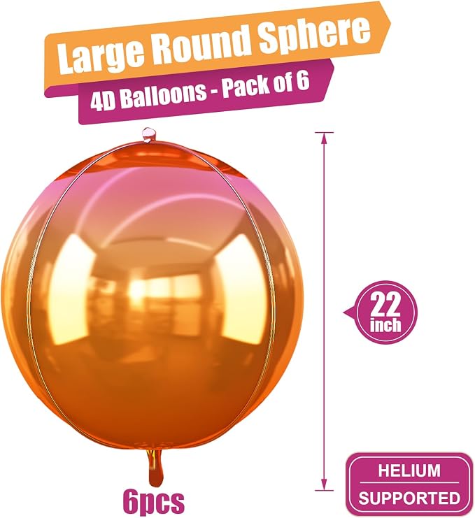 6Pcs Gradient Orange Round Foil Balloons, Metallic Orange Mylar Balloon - Image 2