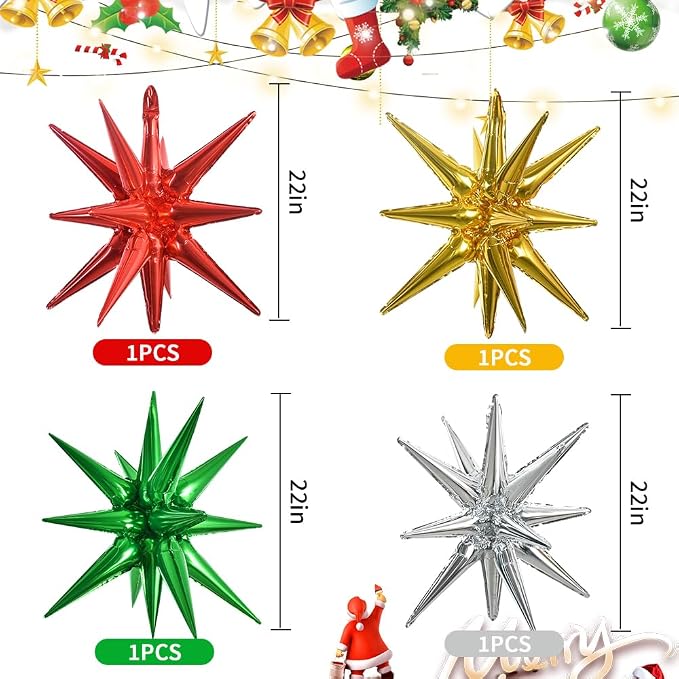 TONIFUL 4 Pcs Star Balloons Red Green Gold Silver Explosion Foil Balloon | 22 - Image 2
