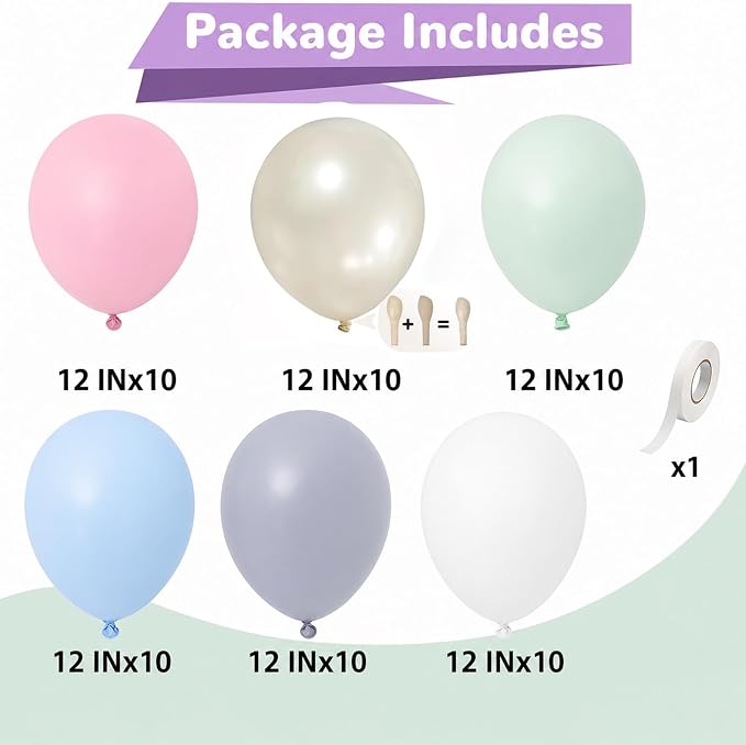 Pastel Balloons 60 Pcs Floral Pastel Light Pink Blue Green Grey Double Stuffed - Image 2