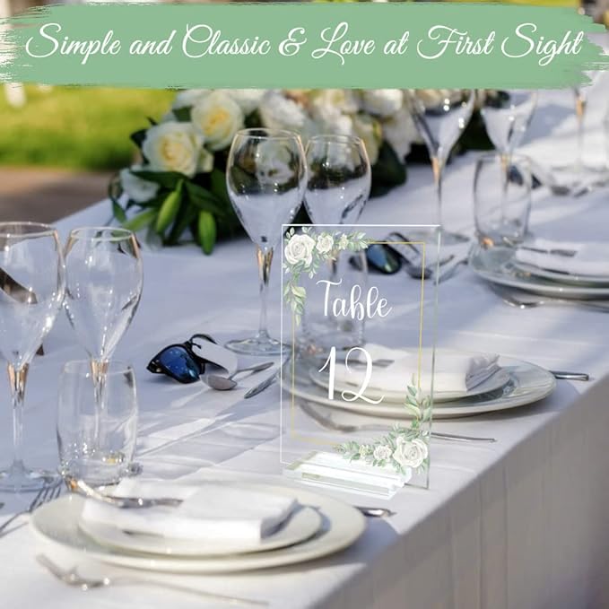 OurWarm White Rose Acrylic Wedding Table Numbers 1-20, 4x6 Inch Printed Calligraphy Table Number with Stands, Clear Numbers Signs and Holders, Perfect for Wedding Reception Anniversary Event
