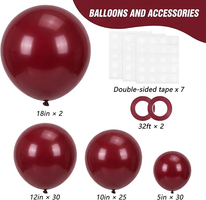 RUBFAC Burgundy Balloons 87pcs Different Sizes 18 12 10 5 Inches, Maroon Latex - Image 2