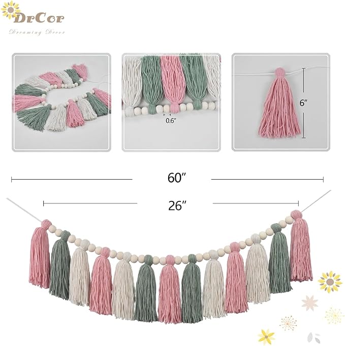 DrCor Pink & Sage Green Tassel Garland – Classroom Decor | Pastel boho wall - Image 5