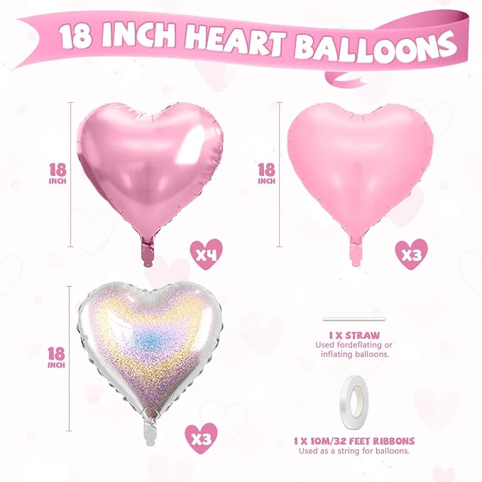 Pink and Silver Heart Balloons, 18 Inch Metallic Glitter Stars Foil Balloons - Image 2