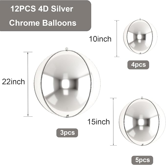 HILAVO 12PCS Silver Foil Balloons, 22in 15in 10in Different Sizes 4D Round Foil - Image 7