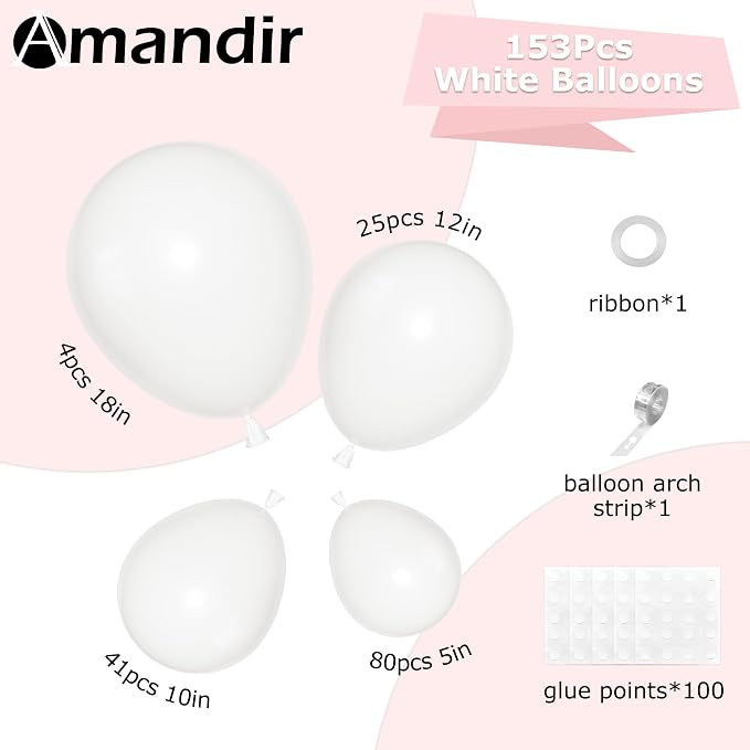 Amandir 153pcs White Balloons Arch Garland Kit Different Sizes | 18 12 10 5 - Image 3
