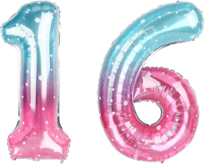 40 Inch Blue Pink Number 16 Balloon, Sweet 16 Ombre Foil Birthday Decor | 40in by Unknown