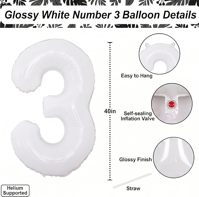 White Number 3 Balloon 40 Inch, Large Foil Mylar Three Balloon - Image 4
