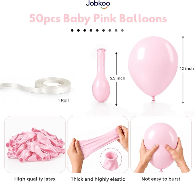 Jobkoo Pink Balloons, 12 Inch Pastel Baby Light Pale Pink Latex Balloon | Soft - Image 2