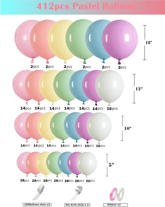 412pcs Pastel Balloon Garland Arch Kit 18 12 10 5 Inch Different Sizes Macaron - Image 2