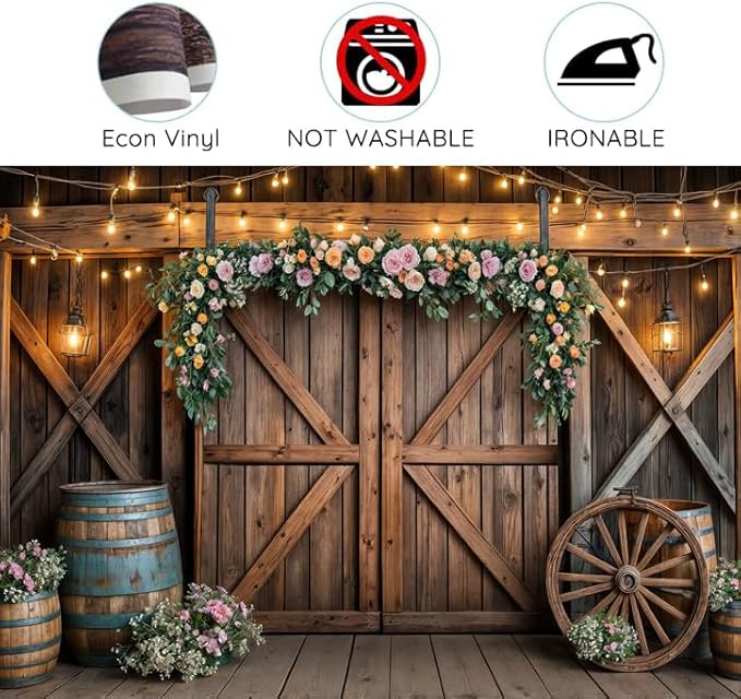 9x6ft Country Wedding Photography Backdrop Rustic Barn Door Photography Backdrop Farmhouse Pink Flower Cabin Wooden Birthday Baby Shower Wedding Bridal Party Banner Photo Booth Props Background