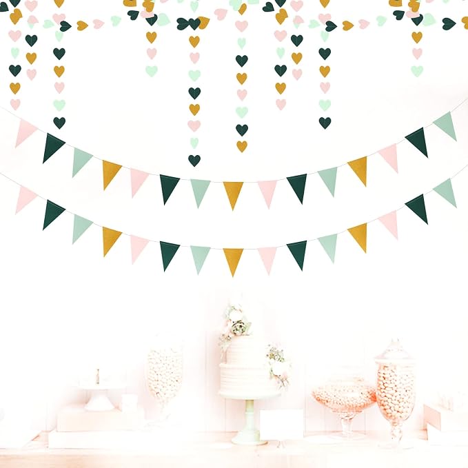 Sage-Green Mint Pink-Gold Love-Heart Garland - 52Ft Rustic Wedding Hanging - Image 3