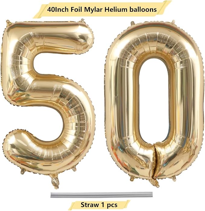 Light Gold 50 Number Balloons 40 Inch White Gold Giant 50 Foil Mylar Helium | - Image 4