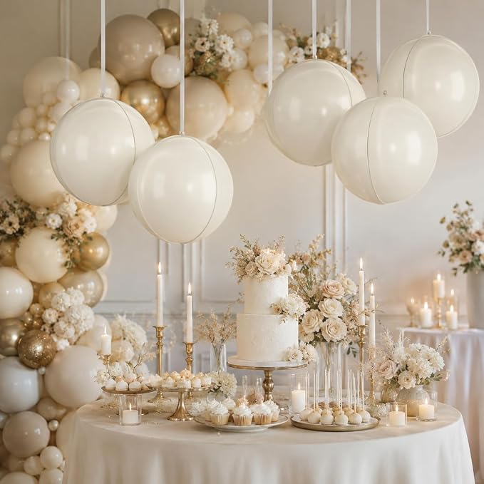 22 Inch Cream White Round Foil Balloons, Sphere Ball 4D Balloon, Large Cream - Image 4