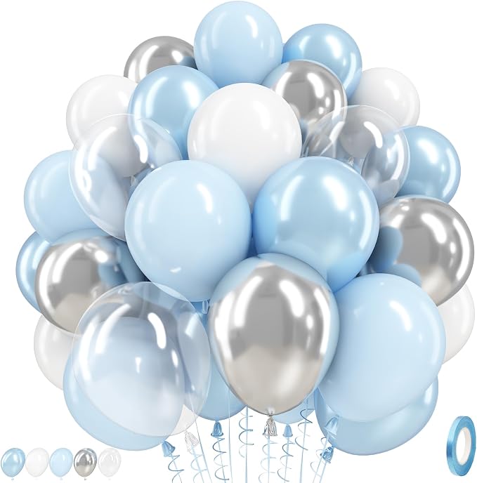 Blue and White Balloons, 12 Inch Baby Pastel Light Blue White Metallic Silver by TAOYE